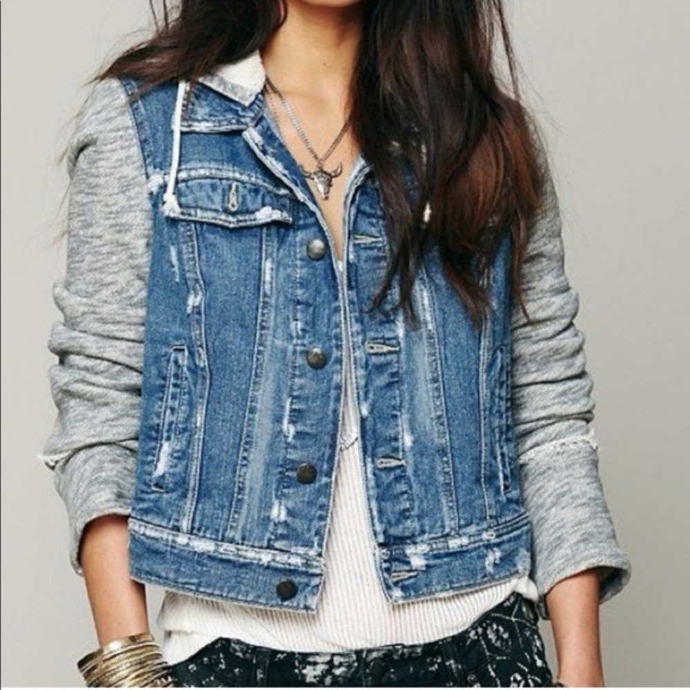 Free People Blue Denim Jacket with Brown Knit Sleeves
